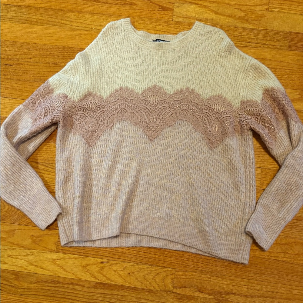 Elegant Pink and Beige Lace-Trimmed Sweater